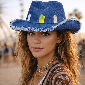 Denim‎ Casual Boho Vibe cowboy frayed hat NWT
